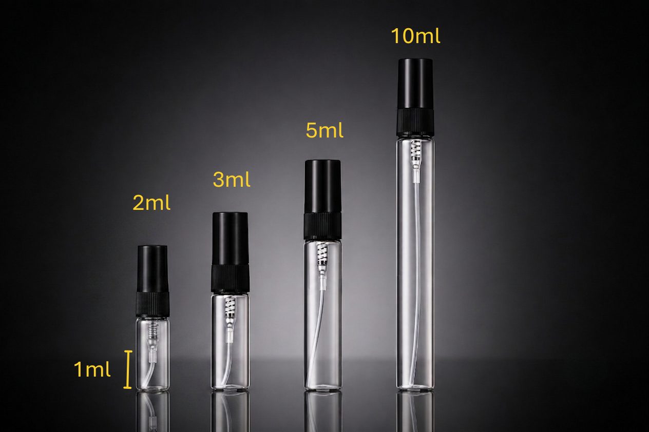 Comparación de tamaños de decants de perfume: 1ML, 3ML, 5ML y 10ML
